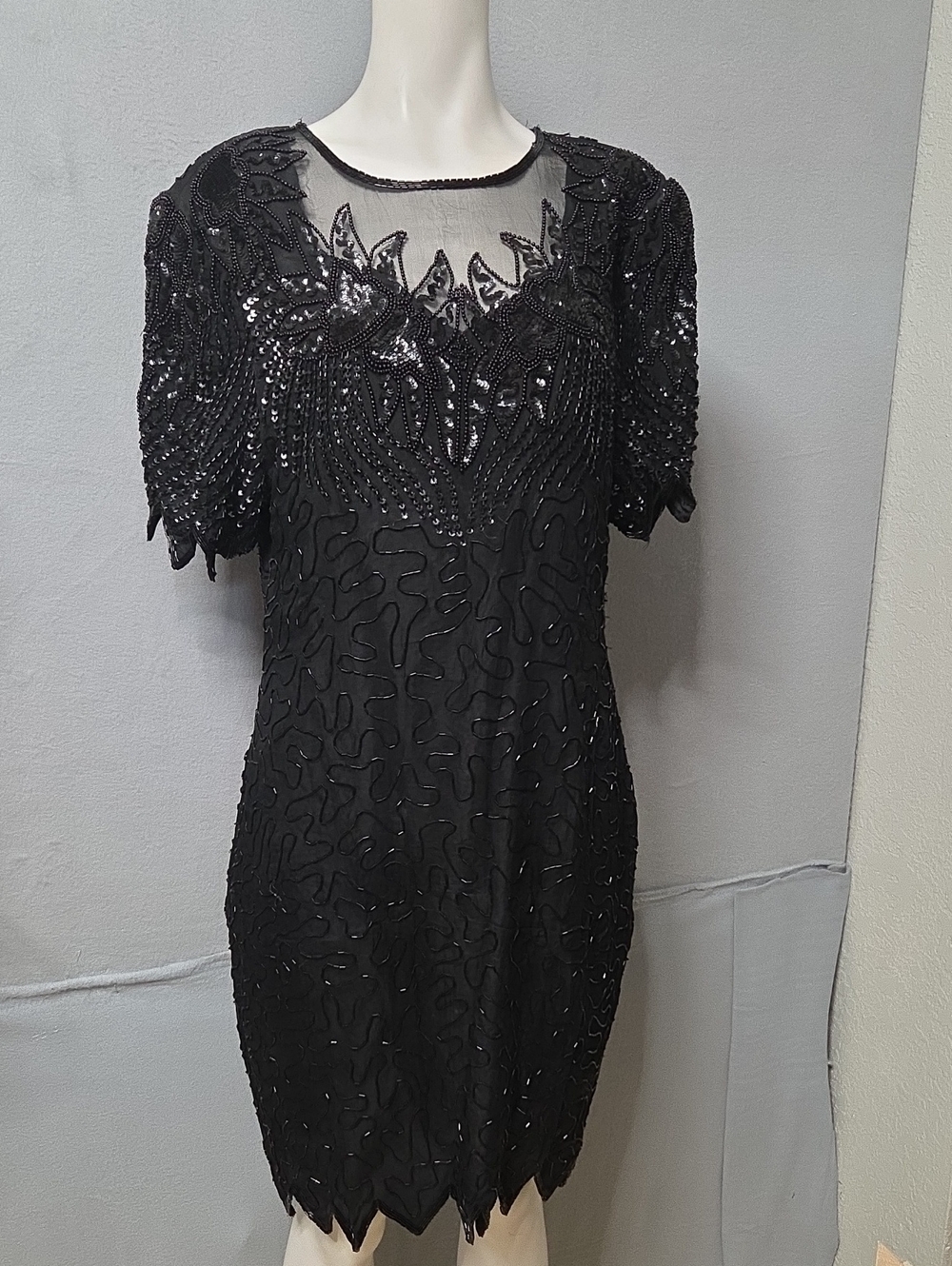 Black Beaded Evening Dress with Sheer Yoke